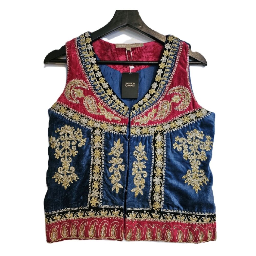 NWT GENERATION FORMALS Blue/Red/Gold Velvet Embroidered Vest/Koti Size 12
